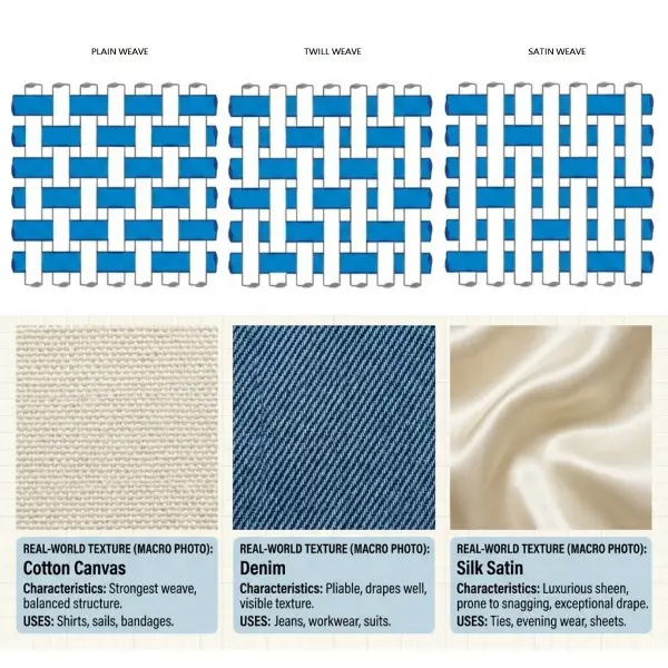 Diagram comparing satin weave floats with plain and twill weave structures