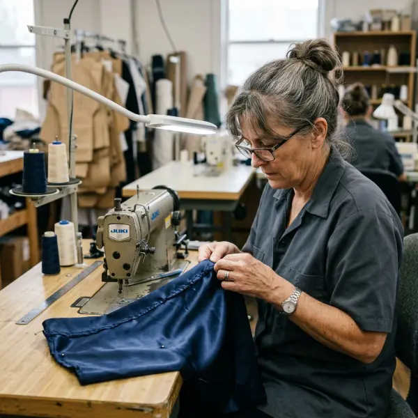Garment technician checking satin seams for puckering and surface damage