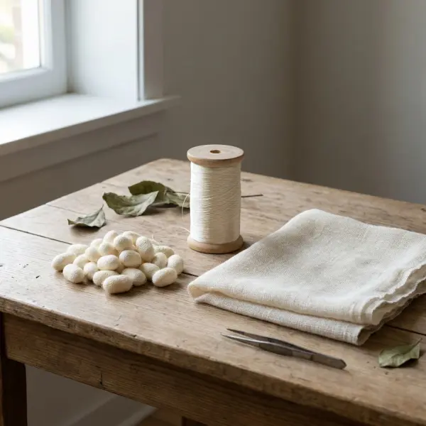 Silk cocoons, reeled filament yarn, and finished silk fabric showing material progression