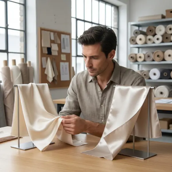 Product developer comparing the drape and sheen of silk and polyester satin
