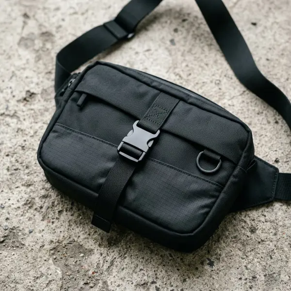 Detail material dan konstruksi tas streetwear dengan nilon ripstop dan webbing