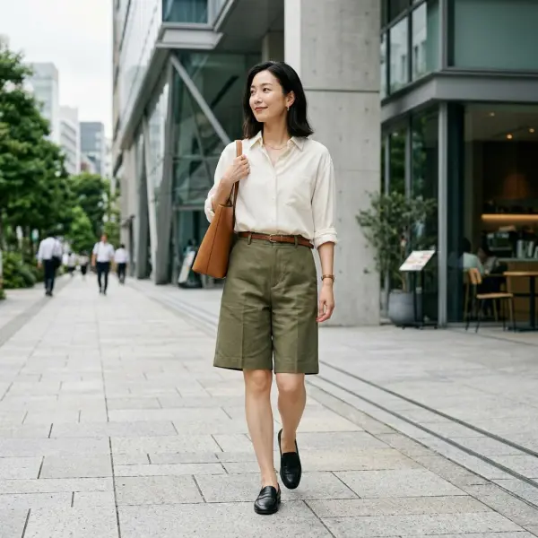 Wanita mengenakan Bermuda short dalam gaya fashion kontemporer Wanita mengenakan Bermuda short dalam gaya fashion kontemporer