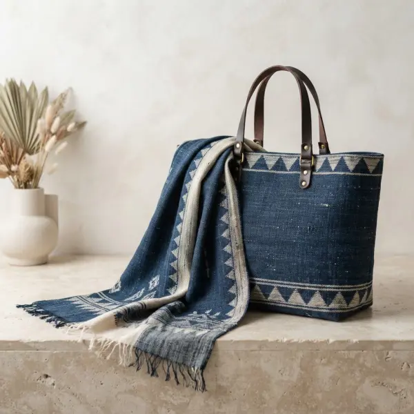 Scarf dan tas tekstil modern dengan aksen motif tumpal