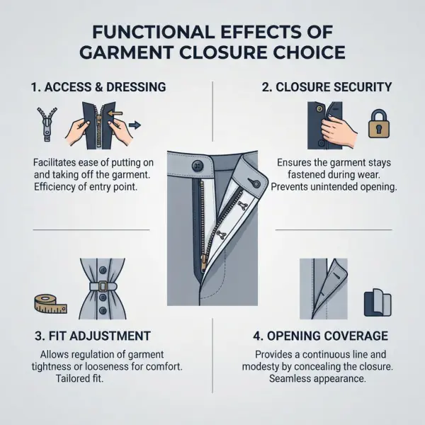 Framework showing how garment closures affect access, security, adjustment, and protection