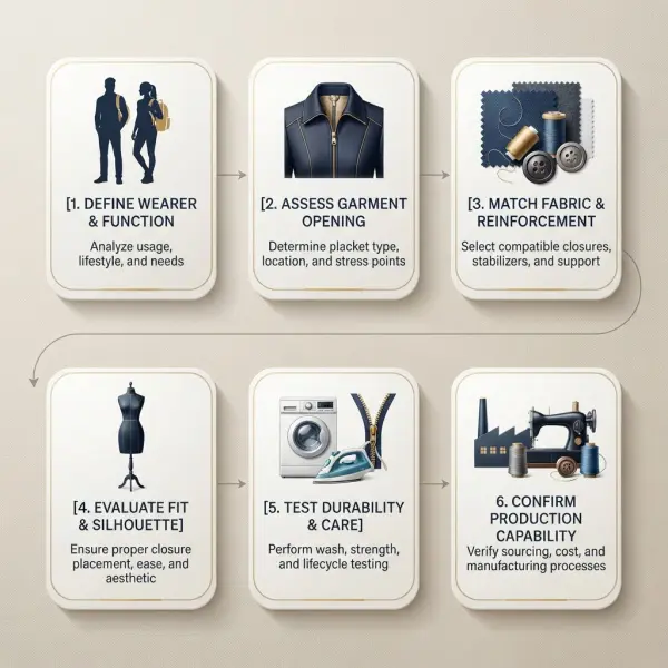 Decision framework for selecting garment closures by function, fit, durability, and production