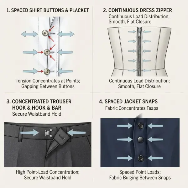 Comparison of tension distribution across button, zipper, hook, and snap closures