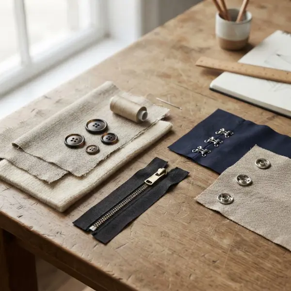 Buttons, zippers, hooks, and snaps arranged beside garment fabric samples Buttons, zippers, hooks, and snaps arranged beside garment fabric samples