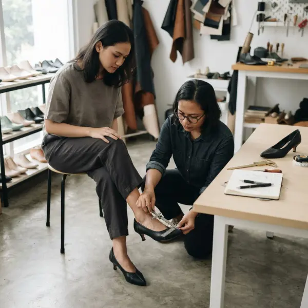 Fitting test kitten heels untuk mengevaluasi ukuran dan kenyamanan sebelum produksi Fitting test kitten heels untuk mengevaluasi ukuran dan kenyamanan sebelum produksi