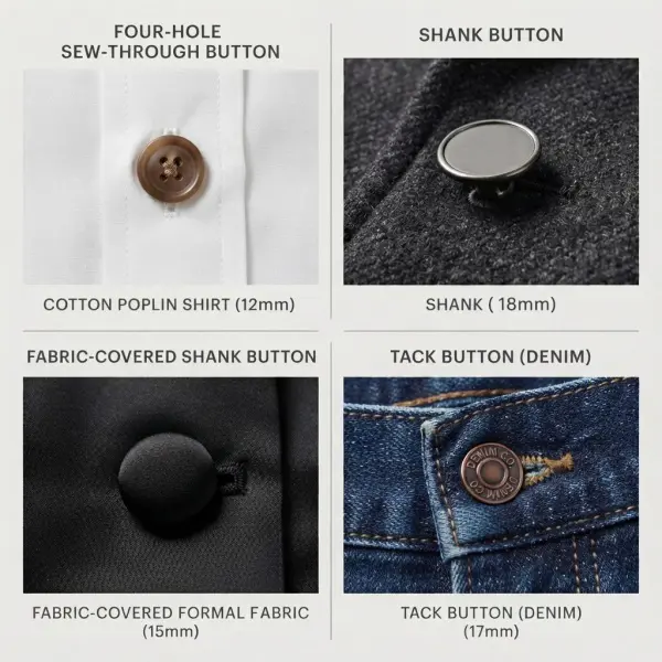 Sew-through, shank, covered, and tack buttons shown with realistic garment applications Sew-through, shank, covered, and tack buttons shown with realistic garment applications