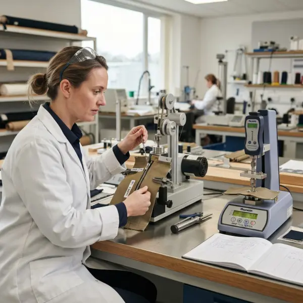 Quality technician testing zipper, button, and snap attachments on garment samples