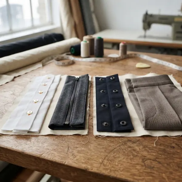Buttons, zipper, hook, and snap closures shown on different garment constructions