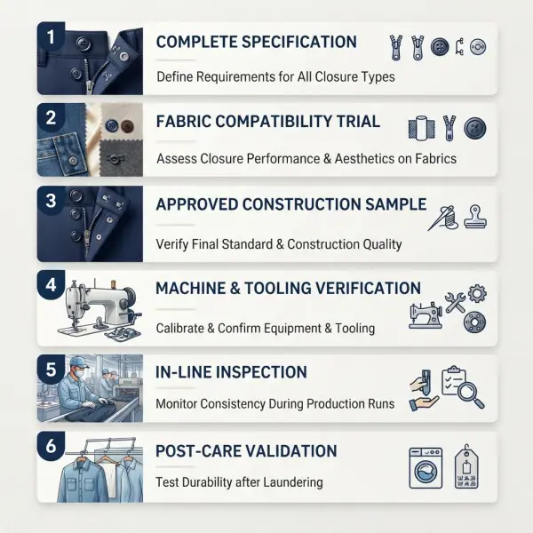 Workflow for preventing garment closure defects from specification through production inspection