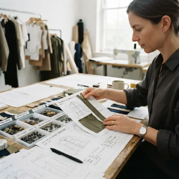 Product developer comparing closure samples with a garment technical specification Product developer comparing closure samples with a garment technical specification