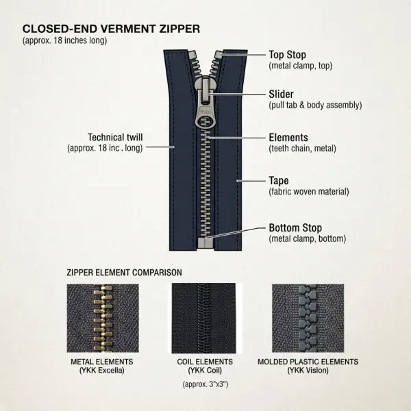 Diagram identifying zipper parts and comparing metal, coil, and molded plastic zippers Diagram identifying zipper parts and comparing metal, coil, and molded plastic zippers