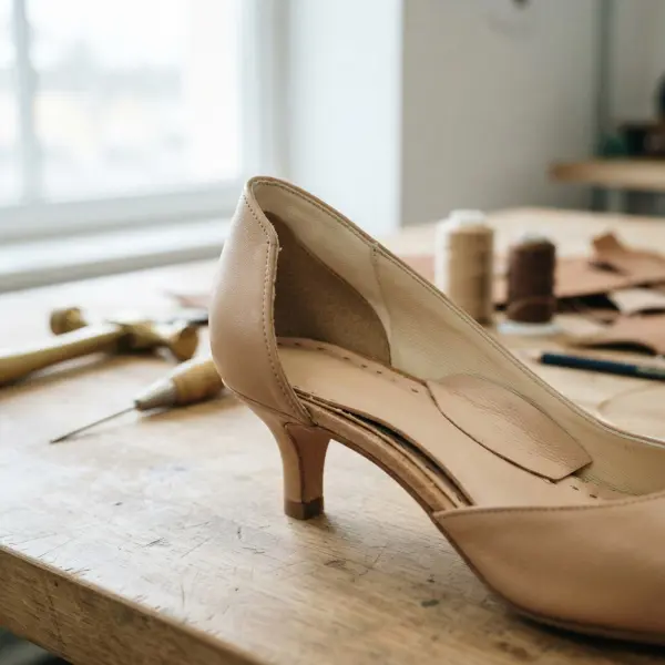 Detail konstruksi heel counter pada kitten heels untuk menjaga kestabilan kaki Detail konstruksi heel counter pada kitten heels untuk menjaga kestabilan kaki