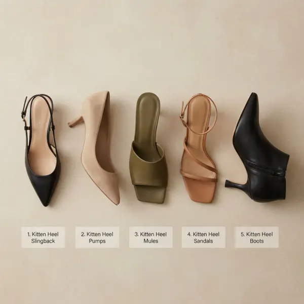 Beragam jenis kitten heels berupa slingback pump mule dan sandal Beragam jenis kitten heels berupa slingback pump mule dan sandal