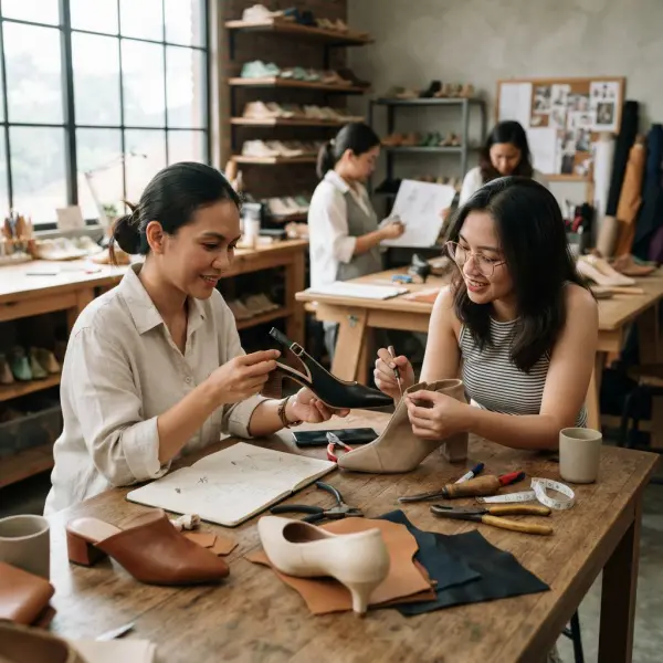 Tim fashion brand mengembangkan produk kitten heels dengan material dan prototype sepatu Tim fashion brand mengembangkan produk kitten heels dengan material dan prototype sepatu