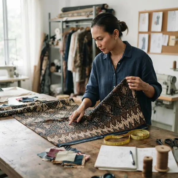 Pemeriksaan detail kain bermotif tumpal untuk kebutuhan pengembangan produk fashion