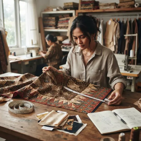 Tim quality control memeriksa ketepatan motif tumpal pada kain fashion