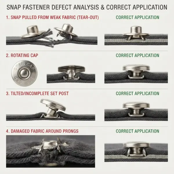 Snap fastener pull-out, rotation, tilted setting, and fabric damage around hardware