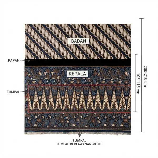Struktur kain tradisional yang memperlihatkan hubungan motif tumpal dengan kepala badan dan papan Struktur kain tradisional yang memperlihatkan hubungan motif tumpal dengan kepala badan dan papan