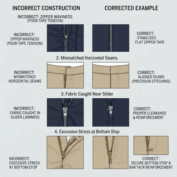 Wavy zipper, misaligned seam, trapped fabric, and stressed bottom stop compared with correct construction