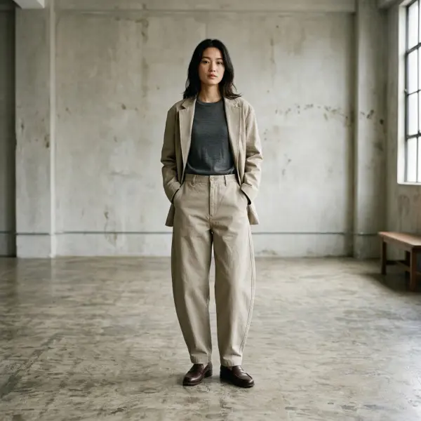 Siluet barrel pants dengan bagian kaki melengkung dan ujung celana menyempit