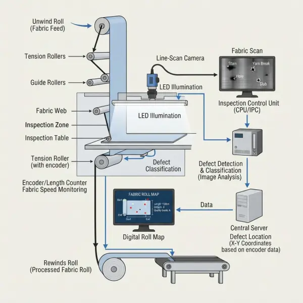 Components of an automated fabric inspection system including lighting cameras analysis and roll mapping