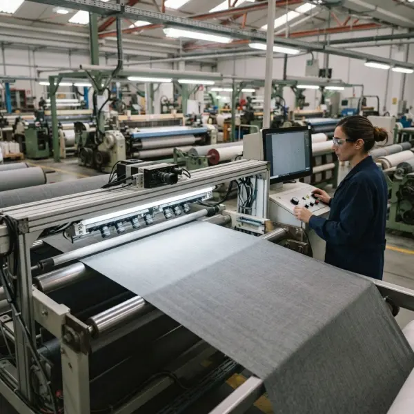 Automated fabric inspection system scanning a textile roll under controlled lighting