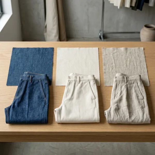 Perbandingan material denim katun dan linen untuk barrel pants