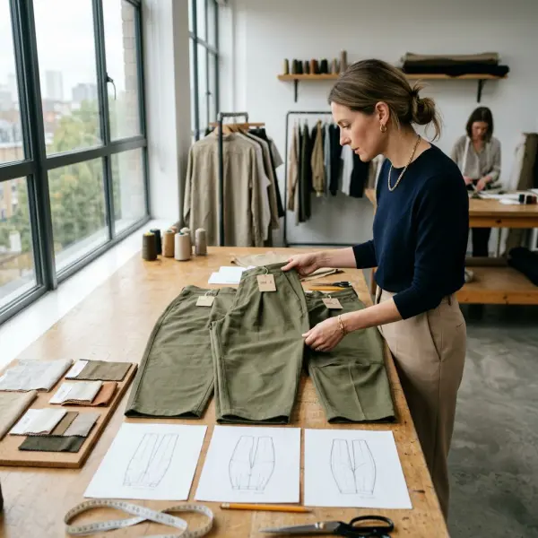 Desainer fashion mengembangkan beberapa variasi siluet barrel pants dari pola hingga sample