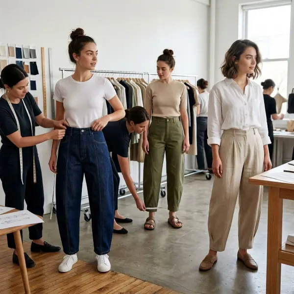 Fitting barrel pants dari denim katun dan linen pada model untuk membandingkan jatuh kain