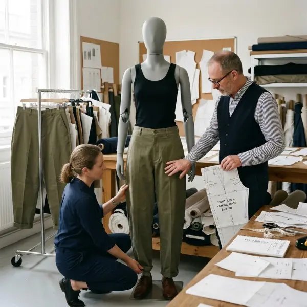 Proses fitting pola barrel pants pada mannequin di studio pengembangan produk fashion