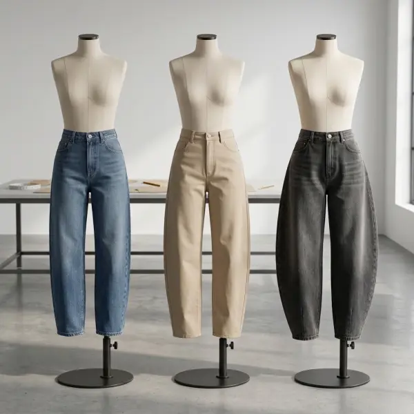 Beberapa sample barrel pants dengan tingkat volume dan kelengkungan berbeda di studio fashion