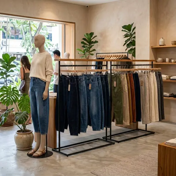 Koleksi barrel pants dalam berbagai bahan dan tingkat volume di retail fashion modern