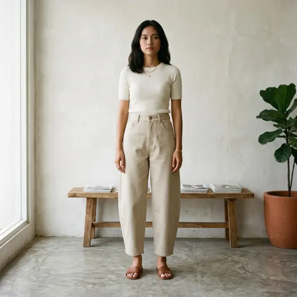 Model mengenakan barrel pants dengan siluet kaki melengkung pada editorial fashion 2026