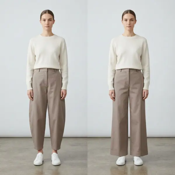 Perbandingan visual siluet barrel pants dan wide-leg pants