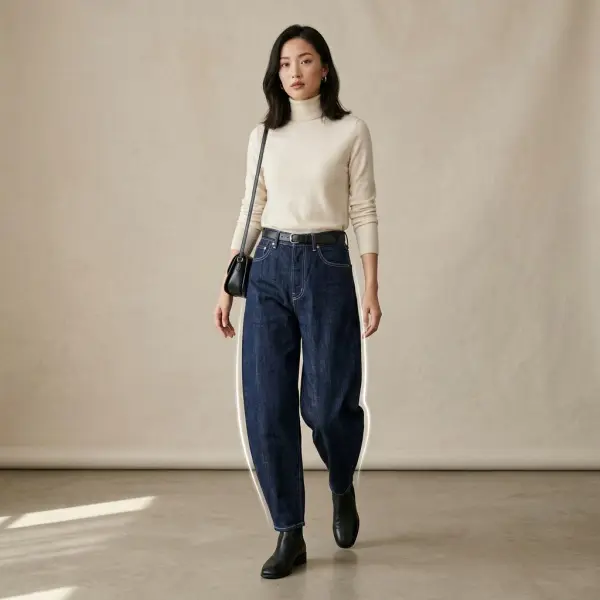 Detail bentuk siluet barrel pants dari paha hingga ujung kaki