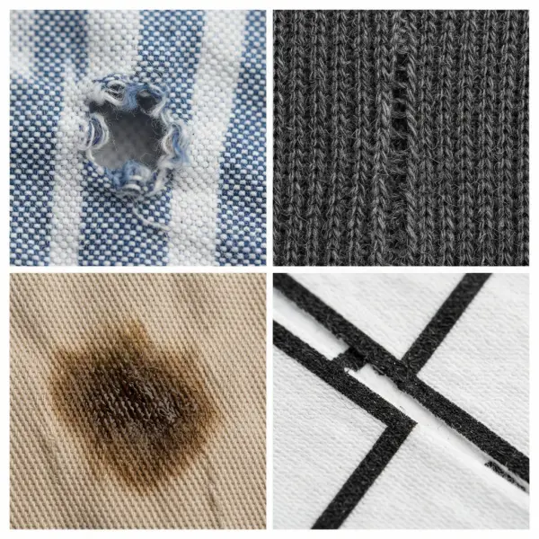 Close-up textile samples showing several common fabric defects for automated inspection