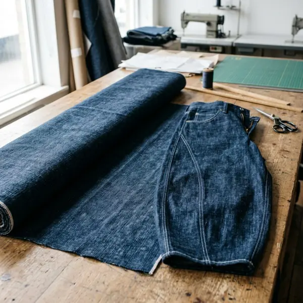 Detail tekstur denim untuk pembuatan barrel pants dengan siluet terstruktur