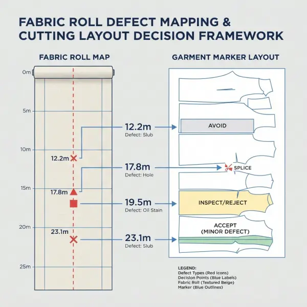 Digital fabric defect map linked to marker and garment cutting decisions Digital fabric defect map linked to marker and garment cutting decisions