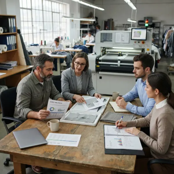 Fashion manufacturing team evaluating fabric inspection technology using quality and cutting data