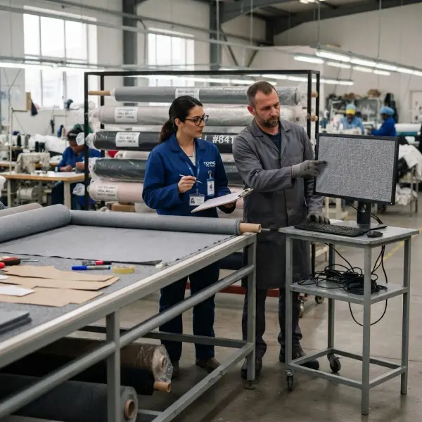 Garment cutting team reviewing a digital fabric defect map before spreading