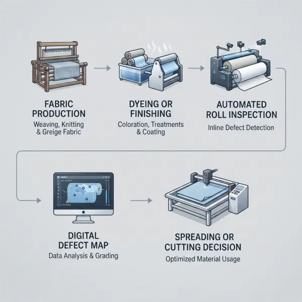 Workflow showing automated fabric inspection from textile production to garment cutting