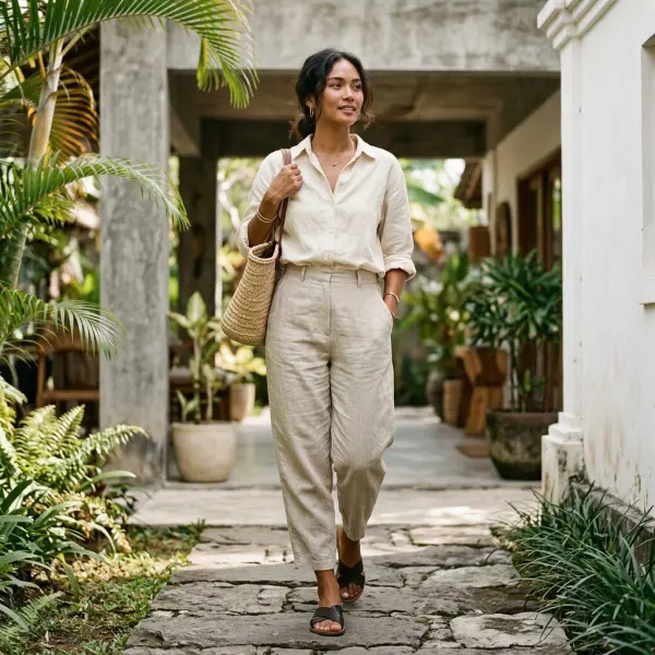 Barrel pants berbahan linen ringan dengan siluet melengkung yang lebih lembut