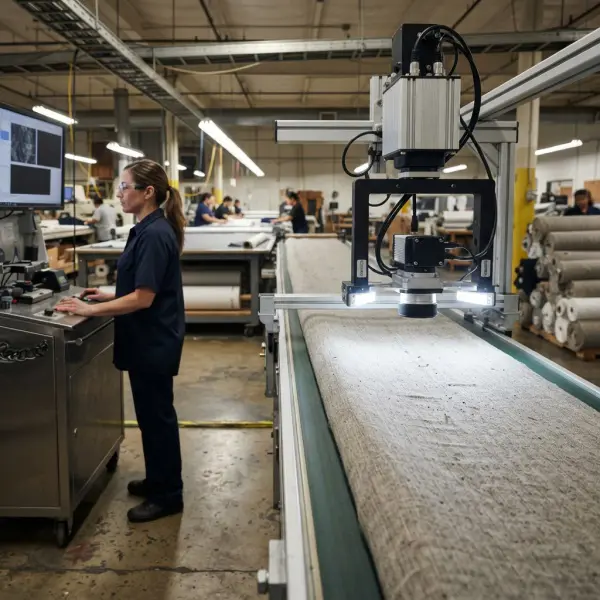 Line-scan machine vision camera inspecting fabric before garment cutting Line-scan machine vision camera inspecting fabric before garment cutting
