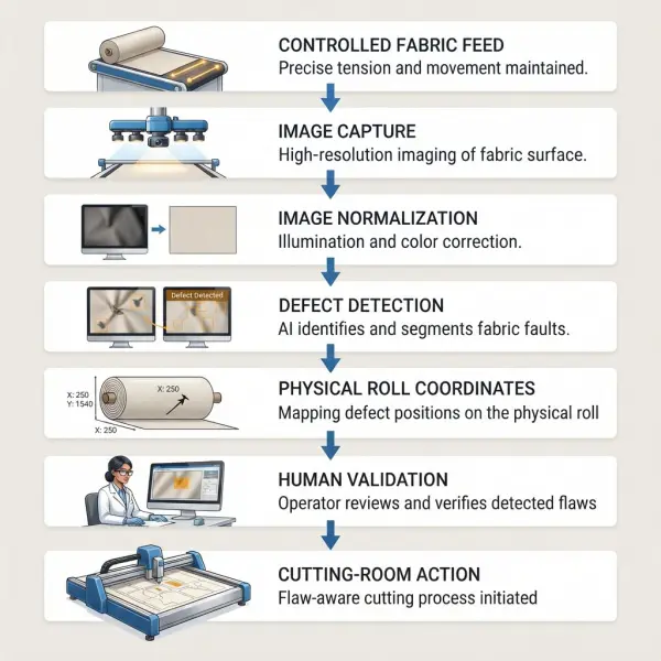 Machine vision pipeline from fabric image capture to defect coordinates and cutting action Machine vision pipeline from fabric image capture to defect coordinates and cutting action