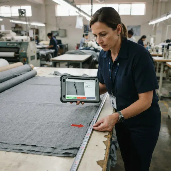 Quality inspector verifying a machine vision fabric defect before cutting Quality inspector verifying a machine vision fabric defect before cutting