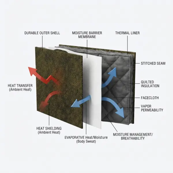 Diagram struktur lapisan baju pelindung pemadam kebakaran outer shell moisture barrier dan thermal liner