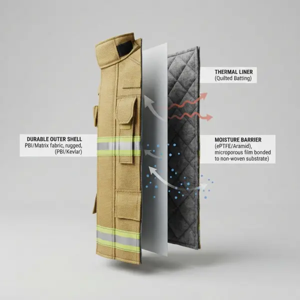 Struktur tiga lapisan baju pemadam kebakaran dengan outer shell moisture barrier dan thermal liner